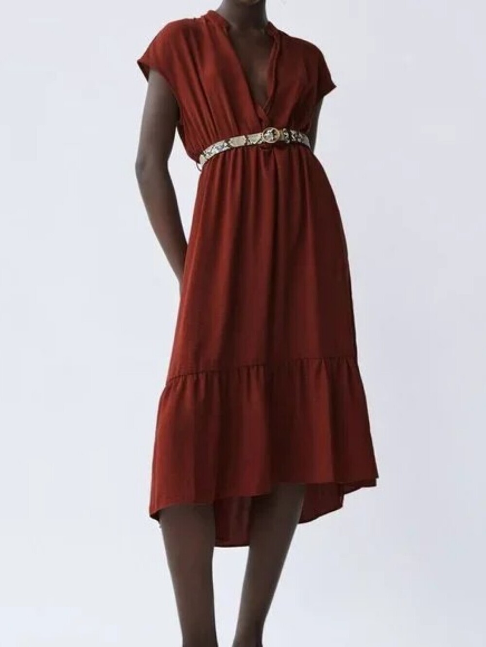 Nwt Zara Rust-Red V-Neck Maxi Dress